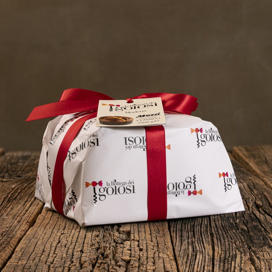 Panettone classico con uvetta Muzzi 1 kg La Bottega dei Golosi, incarto bianco e fiocco rosso