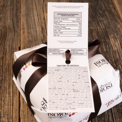 Dichiarazione nutrizionale, ingredienti e tabella nutrizionale del Panettone Tre Cioccolati Muzzi.