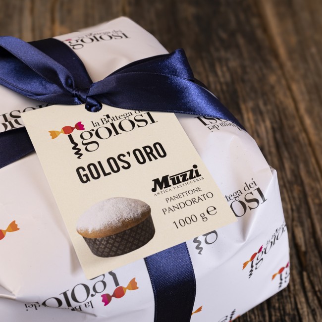 Primo piano sull'etichetta del Panettone Pandorato Golos'Oro Muzzi, 1000g
