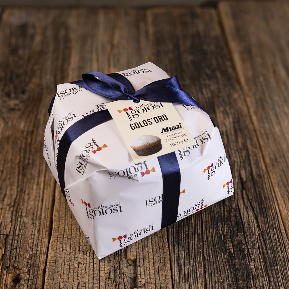 Panettone Pandorato Muzzi 1 kg, Golos'Oro, confezione regalo con fiocco blu - Realizzato in esclusiva dalla Pasticceria Muzzi