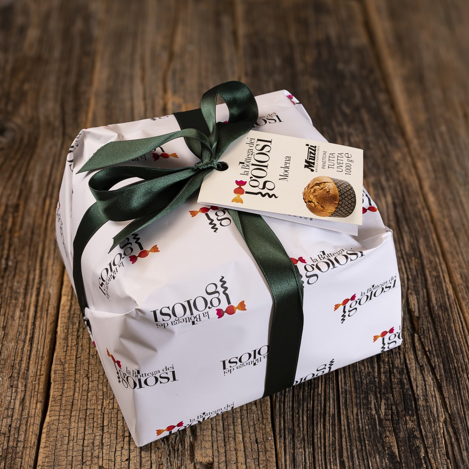Panettone Tutta Uvetta Muzzi 1 kg, confezione regalo con fiocco verde scuro